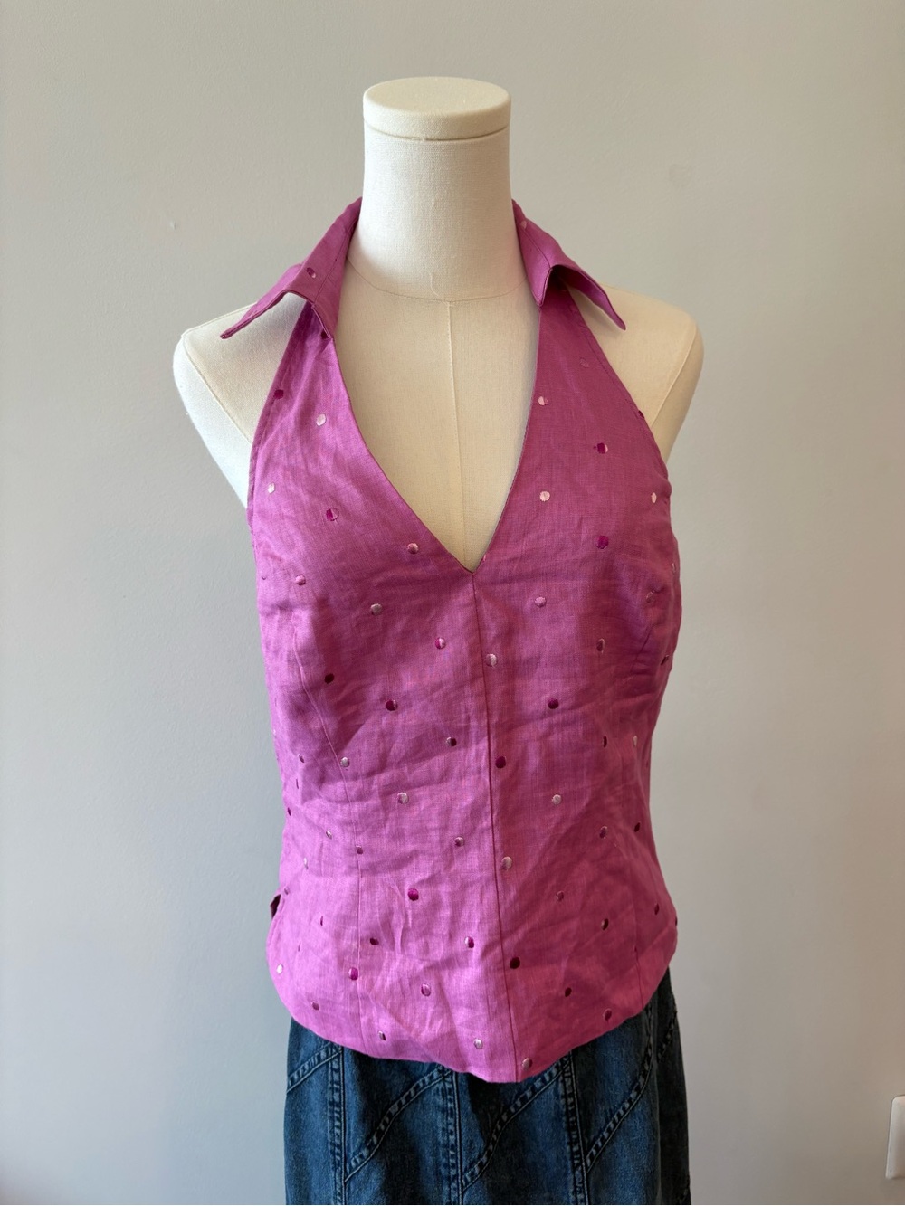 Richard Malcom Sleeveless Pink Halter Polka Dot Top Irish linen nwt M